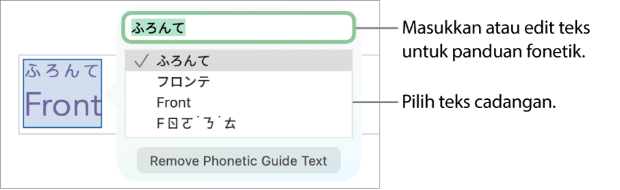 Panduan fonetik dibuka untuk perkataan, dengan petak bual ke medan teks dan teks cadangan.