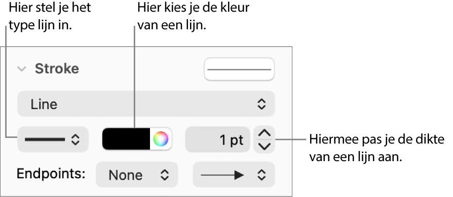De lijnregelaars voor het instellen van eindpunten, lijndikte en kleur.