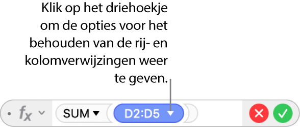 De formule-editor met een driehoekje waarop je kunt klikken om opties weer te geven voor het behouden van de rij- en kolomverwijzingen.