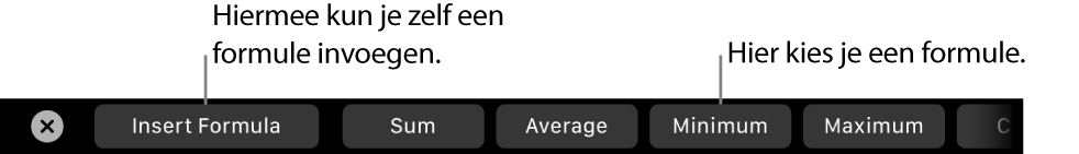 De Touch Bar op een MacBook Pro met regelaars waarmee je zelf een formule kunt invoegen of een van de standaardformules kunt kiezen.