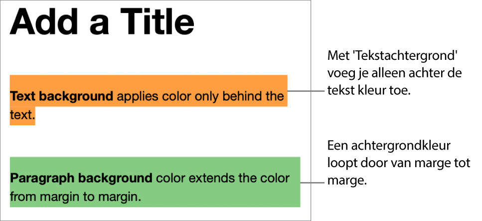 Een alinea met alleen kleur achter de tekst en een tweede alinea met kleur die als een kleurblok van marge tot marge doorloopt.