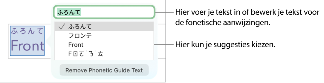De fonetische aanwijzingen voor een woord, met uitleg bij het tekstveld en de voorgestelde tekst.