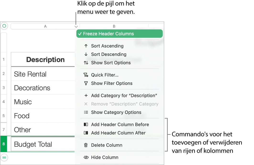 Het tabelkolommenu met commando's voor het toevoegen of verwijderen van rijen en kolommen.