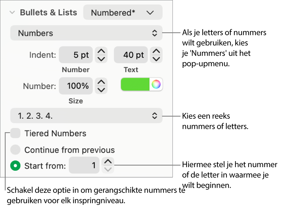 Regelaars voor het wijzigen van de nummeringsstijl en de afstand voor een lijst.