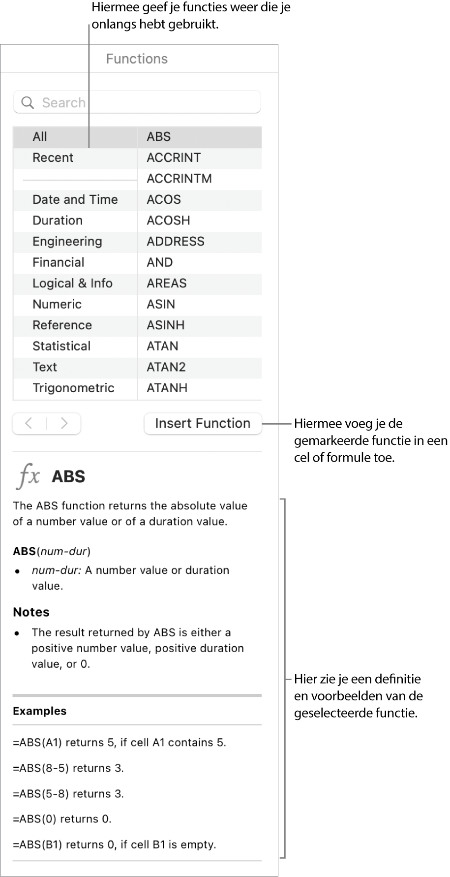 De functiekiezer met uitleg bij recent gebruikte functies, de knop 'Voeg functie in' en de omschrijving van de functie.