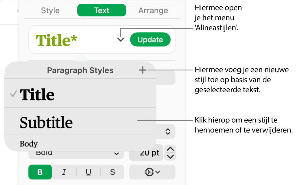 Het menu 'Alineastijlen' met regelaars voor het toevoegen of wijzigen van een stijl.