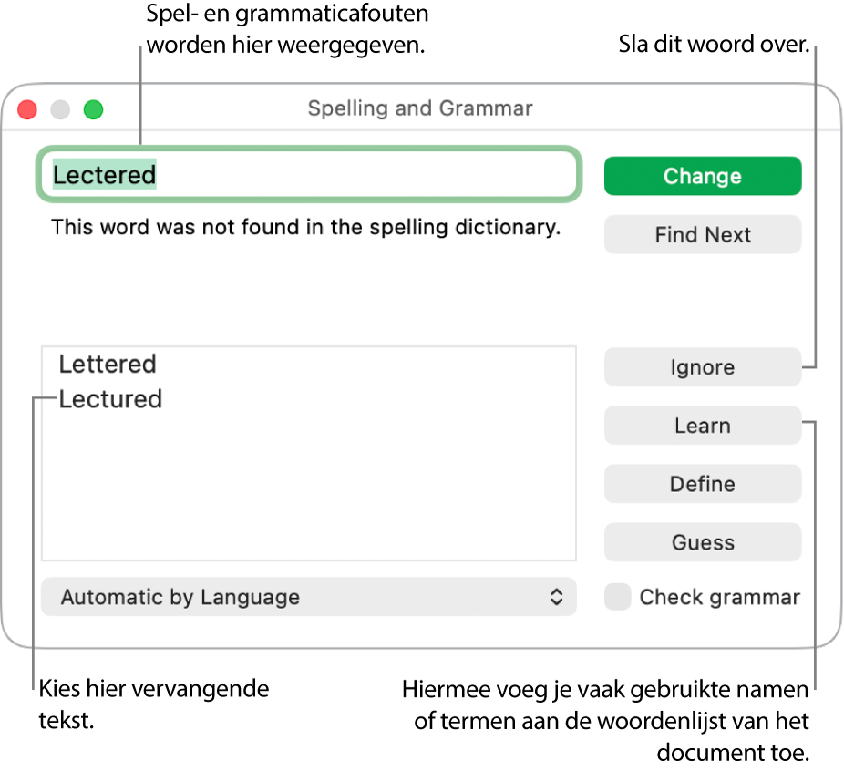 Het venster 'Spelling en grammatica'.