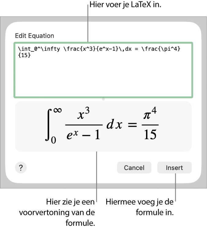 In het veld 'Vergelijking' staat een LaTeX-wortelformule, met daaronder een voorvertoning van de formule.