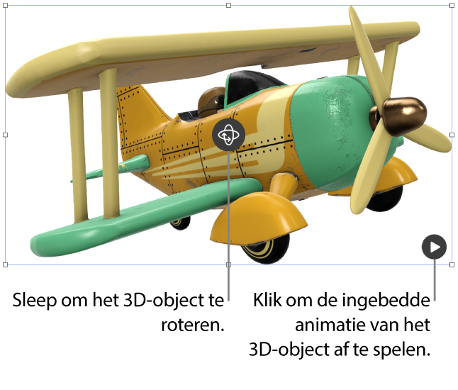 Een 3D-object met de roteerknop in het midden van het object en de afspeelknop in de rechterbenedenhoek.