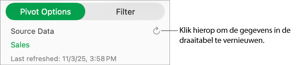 Het tabblad 'Draaitabelopties' met de optie om de draaitabel te vernieuwen.