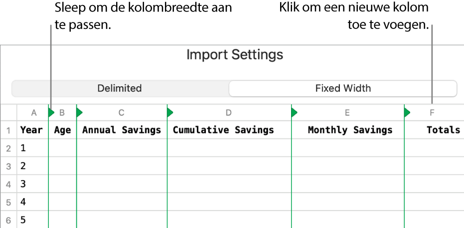 De importinstellingen voor een tekstbestand met vaste breedte.
