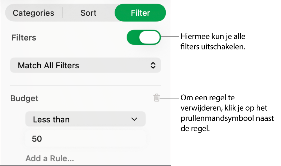 Regelaars voor het verwijderen van een filter of het uitschakelen van alle filters.