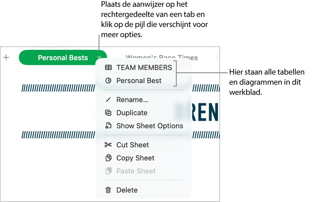 Een spreadsheettab met het contextuele menu geopend met daarin onder meer de optie 'Dupliceer'.