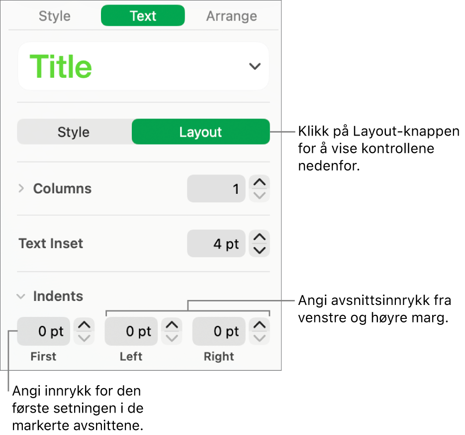 Layout-delen i Format-sidepanelet, som viser kontroller for å angi innrykk for første linje og avsnittsmarger.