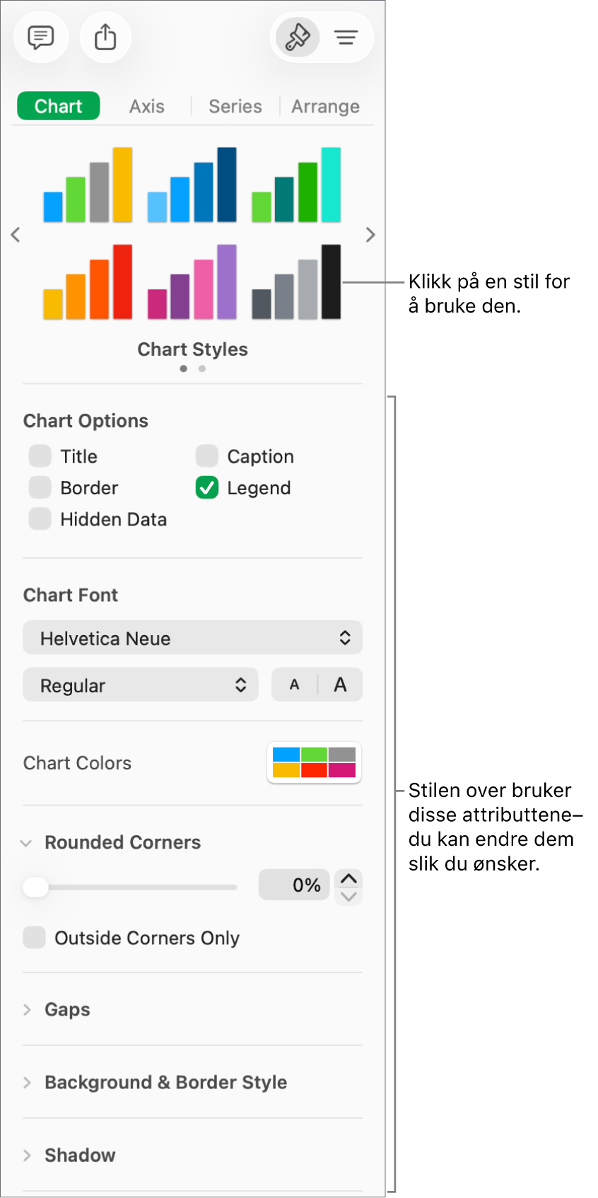 Formatering-sidepanelet, som viser kontrollene for å formatere diagrammer.