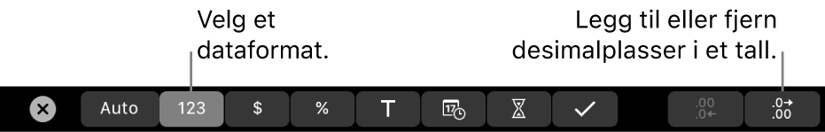 Touch Bar på MacBook Pro med kontroller for å velge et dataformat og legge til eller fjerne desimalplasser for et tall.