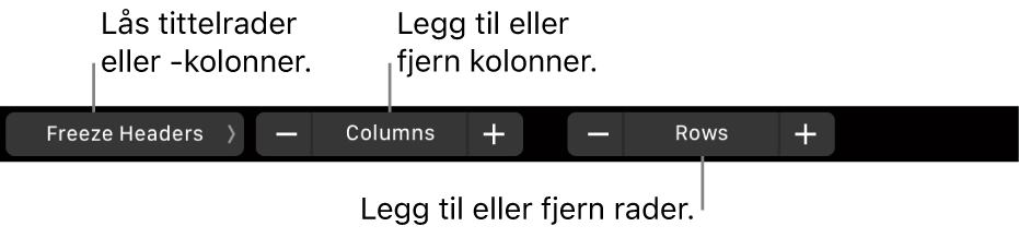 Touch Bar på MacBook Pro med kontroller for å låse tittelrader eller kolonner, legge til eller fjerne kolonner, og legge til eller fjerne rader.