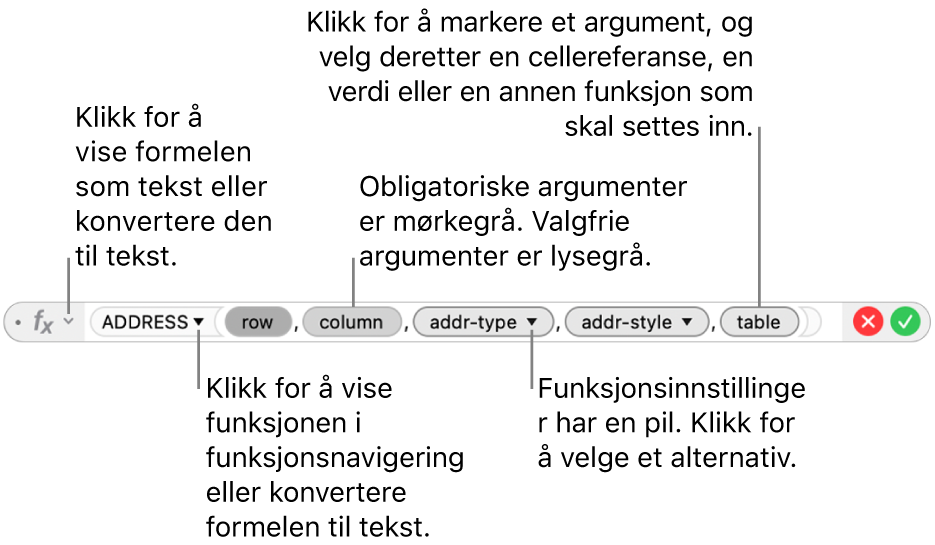 Formelredigering viser ADRESSE-funksjonen og argumentbobler.