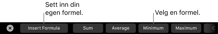 Touch Bar på MacBook Pro med kontroller for å sette inn din egen formel og velge en vanlig formel.