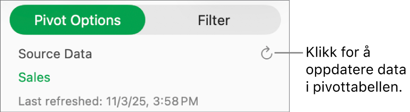 Pivotvalg-fanen med valget for å oppdatere pivottabellen.