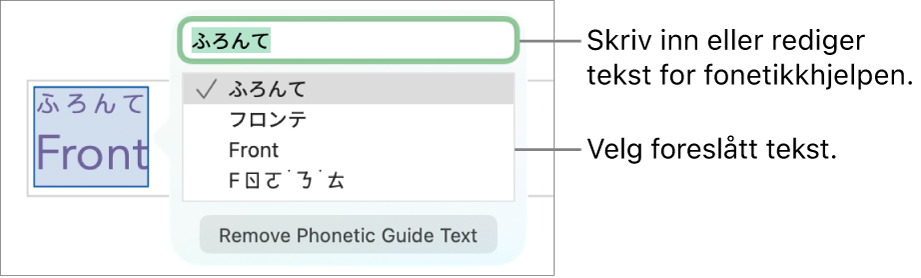 Fonetikkhjelpen er åpnet på et ord, med forklaringer for tekstfelt og foreslått tekst.