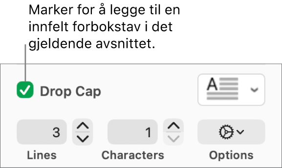 Innfelt forbokstav-avkrysningsruten er markert, og en lokalmeny vises til høyre. Kontroller for å angi linjehøyde, antall tegn og andre valg vises under.