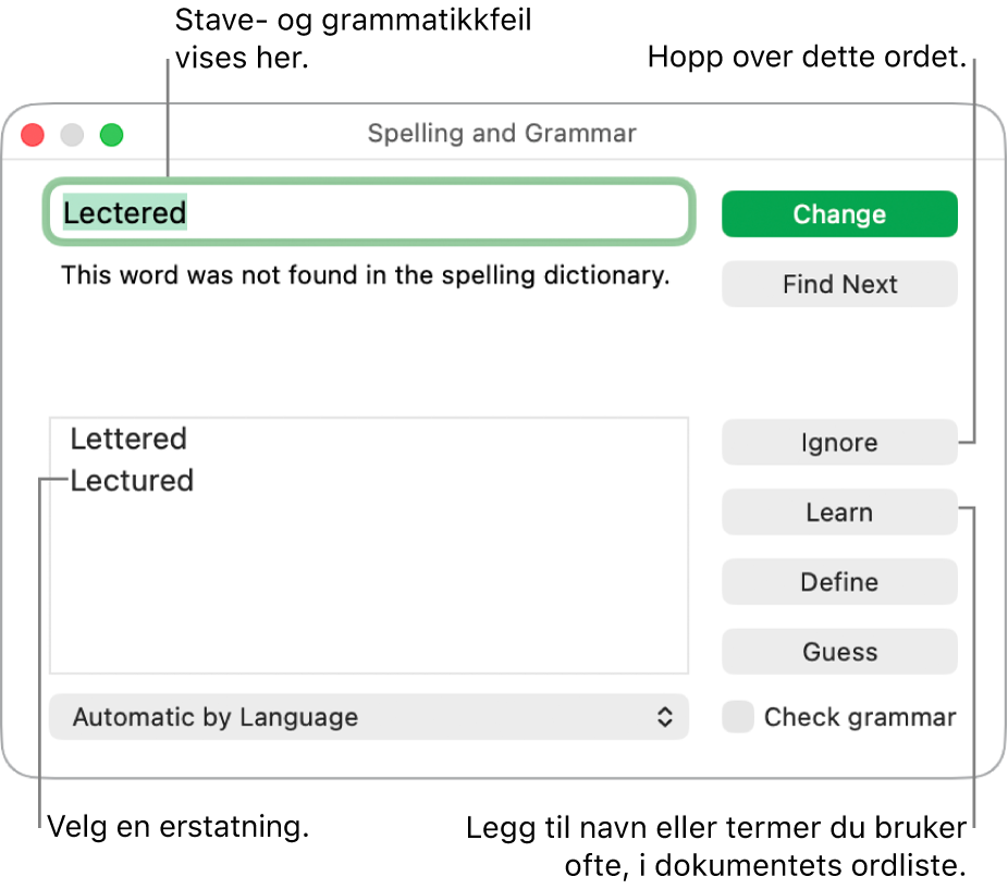 Stavekontroll og grammatikk-vinduet.