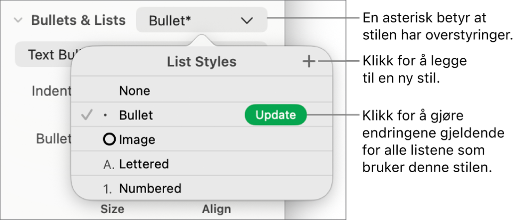 Listestiler-lokalmenyen vises med en stjerne som indikerer en overstyring, bildeforklaringer til Ny stil-knappen og en undermeny med valg for håndtering av stiler.