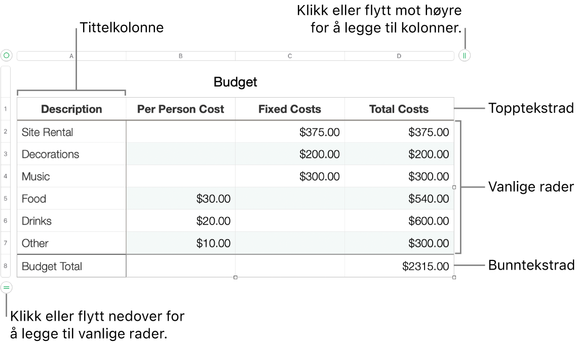 En tabell som viser tittelrader og -kolonner, vanlige rader og kolonner, bunnrader og -kolonner og håndtak for å legge til eller slette rader eller kolonner.