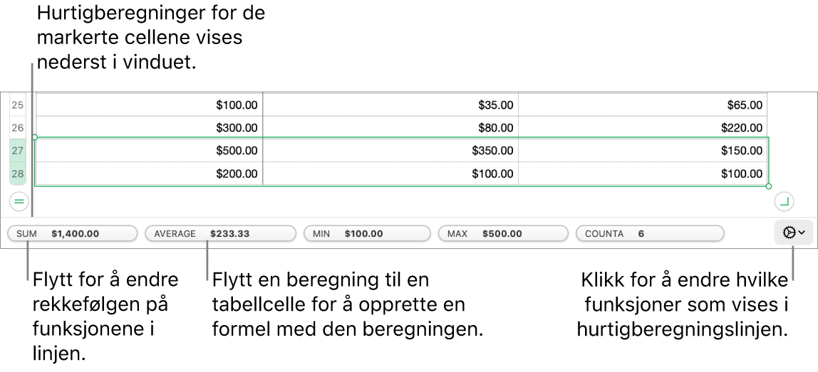 Flytt for å endre rekkefølgen på funksjoner, flytt en beregning til en tabellcelle for å legge den til, eller klikk på endre funksjoner-menyen for å endre hvilke funksjoner som vises.