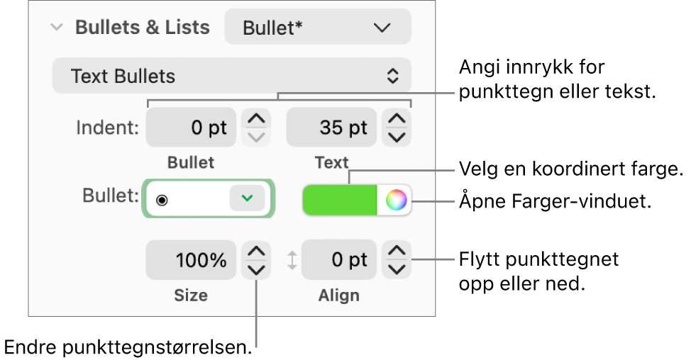 Punkttegn og lister-delen, med forklaringer på kontroller for punkt- og tekstinnrykk, punktfarge, punktstørrelse og justering.