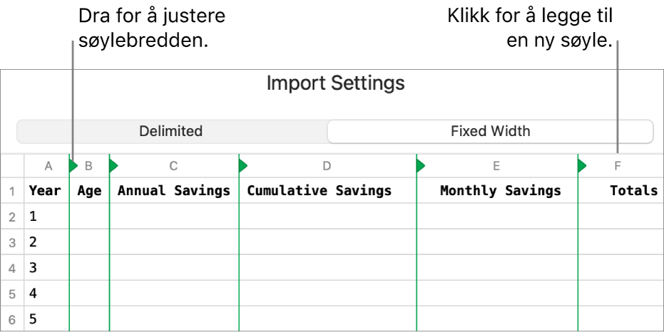 Importinnstillingene for en tekstfil med fast bredde.