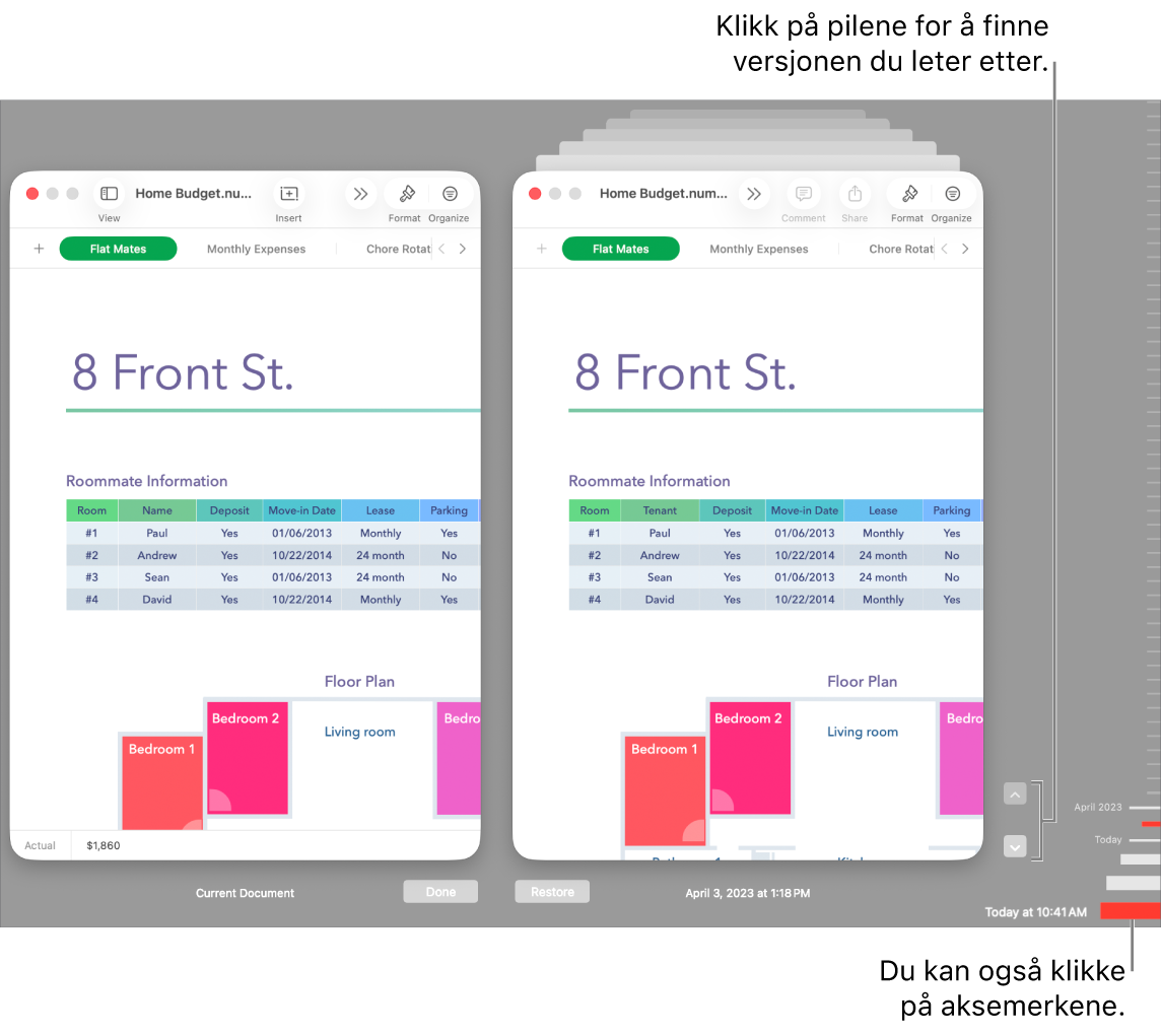 Tilbakestill-vinduet, som viser versjoner du kan se gjennom.