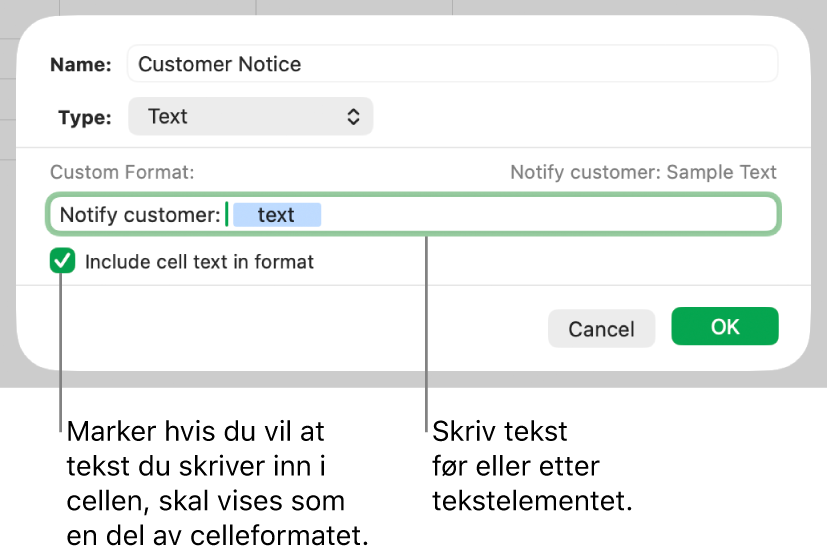 Tilpasset tekstcelleformat.