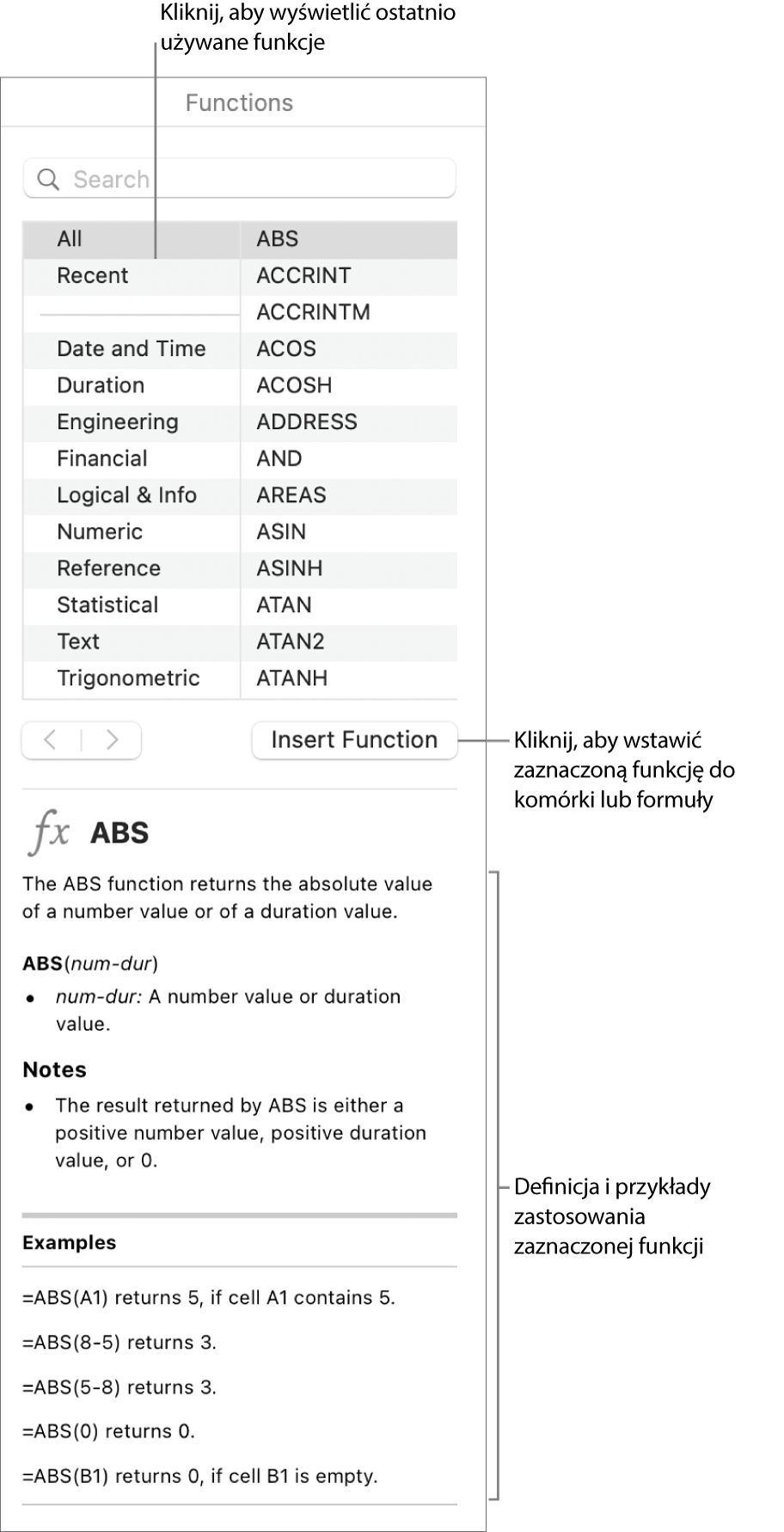 Przeglądarka funkcji z objaśnieniami wskazującymi ostatnio używane funkcje, przycisk wstawiania funkcji oraz definicję funkcji.