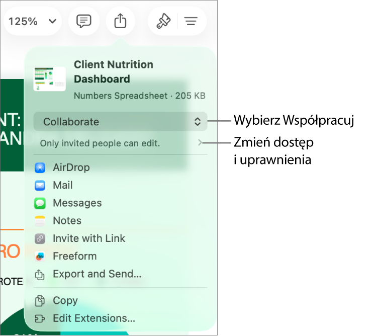 Menu udostępniania z opcją Współpracuj wybraną u góry oraz ustawieniami dostępu i uprawnień poniżej.