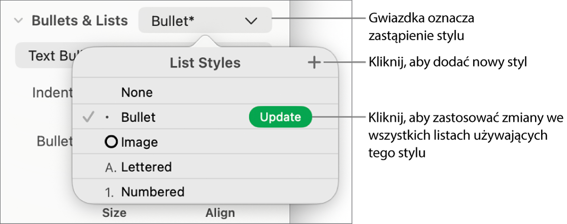 Menu podręczne Style listy z gwiazdką oznaczającą zastąpienie stylu oraz objaśnieniami przycisku Nowy styl oraz podmenu z opcjami zarządzania stylami.