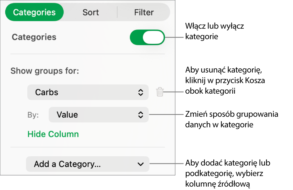 Pasek boczny kategorii z opcjami wyłączania lub usuwania kategorii, przegrupowywania danych, ukrywania kolumny źródłowej oraz dodawania kategorii.