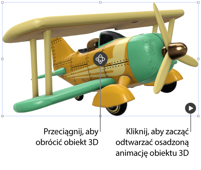 Obiekt 3D z przyciskiem Obróć na środku obiektu i przyciskiem Odtwórz w prawym dolnym rogu.