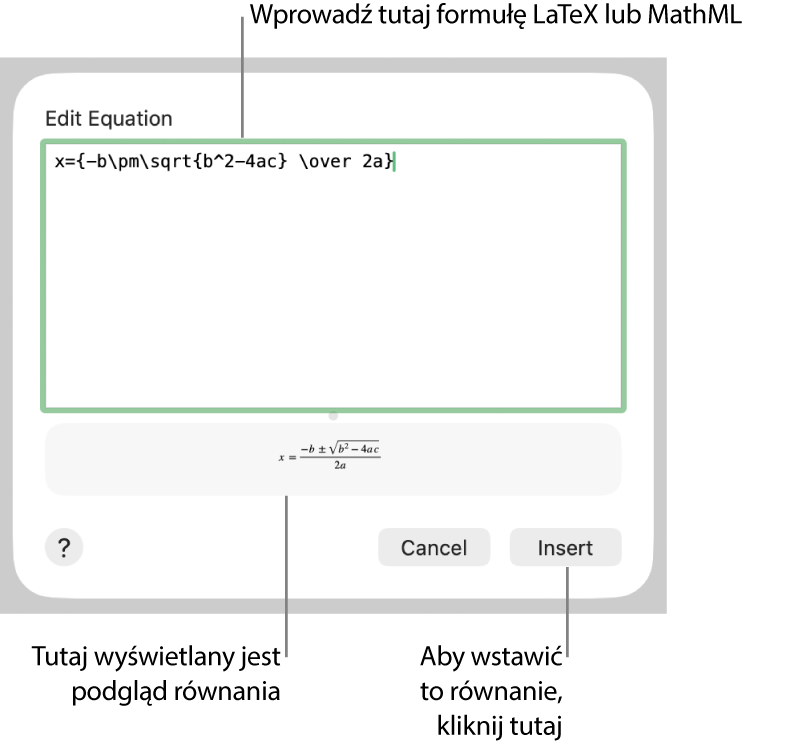 Pole Edycja równania, zawierające równanie kwadratowe zapisane przy użyciu języka LaTeX. Poniżej widoczny jest podgląd tego równania.