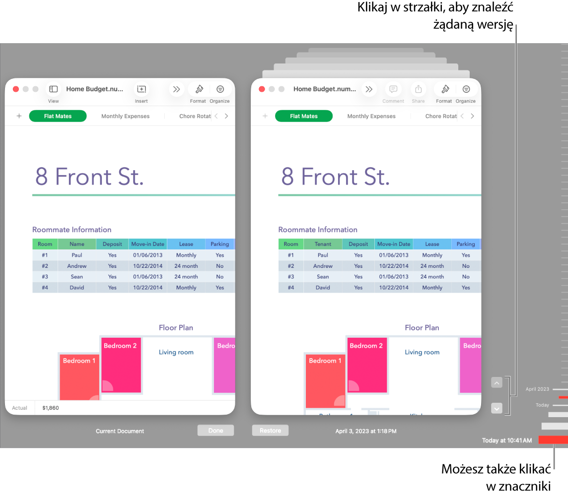 Okno przywracania dające możliwość przeglądania wersji.