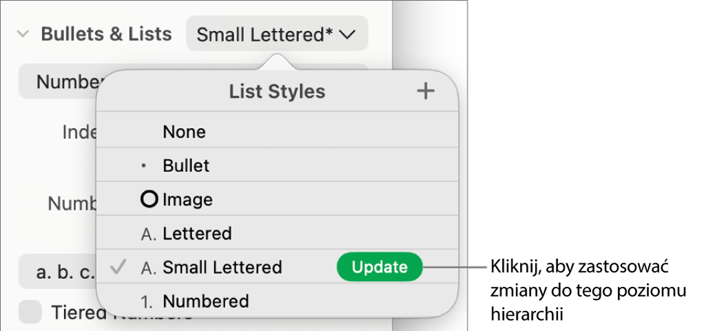 Menu podręczne Style listy z przyciskiem Uaktualnij obok nazwy nowego stylu.