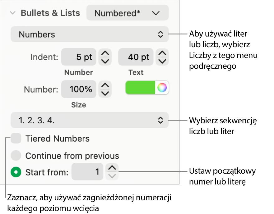 Narzędzia zmieniania stylu numeracji i odstępów listy.