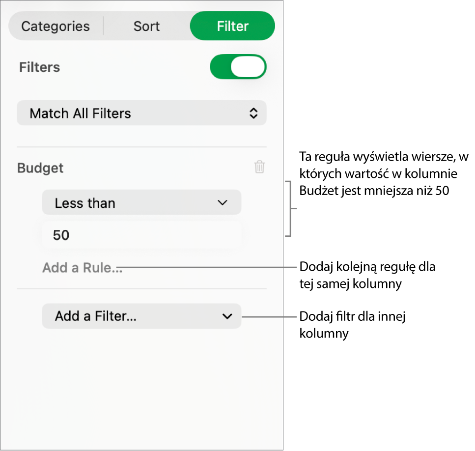 Narzędzia tworzenia reguł filtrowania.