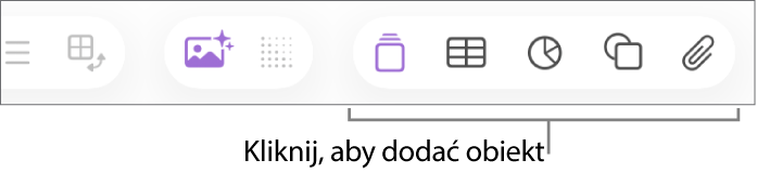 Pasek narzędzi Numbers z przyciskami Wstaw, Tabela, Wykres, Tekst, Kształt i Multimedia.