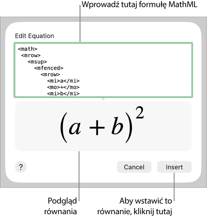 Równanie nachylenia linii zapisane w polu Edycja równania oraz podgląd tego równania poniżej.