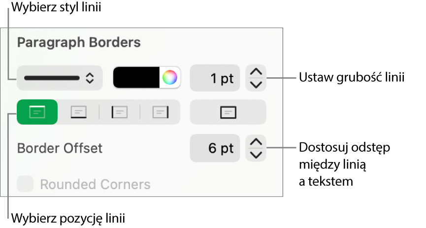 Narzędzia zmieniania stylu, grubości, pozycji i koloru linii.