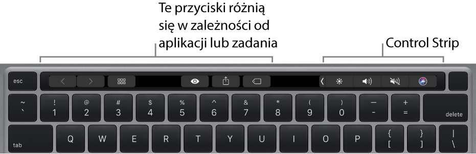 Klawiatura z paskiem Touch Bar nad klawiszami. Przyciski do modyfikowania tekstu znajdują się po lewej oraz na środku. Znajdujący się po prawej stronie pasek kontroli zawiera narzędzia systemowe, pozwalające na regulowanie jasności i głośności oraz na korzystanie z Siri.
