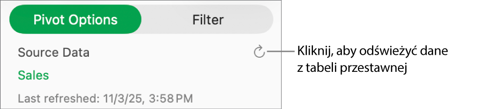 Karta Opcje przestawne pokazująca opcje odświeżania tabeli przestawnej.