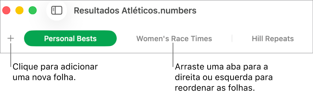 Barra de abas para adicionar uma nova folha e reorganizar folhas.